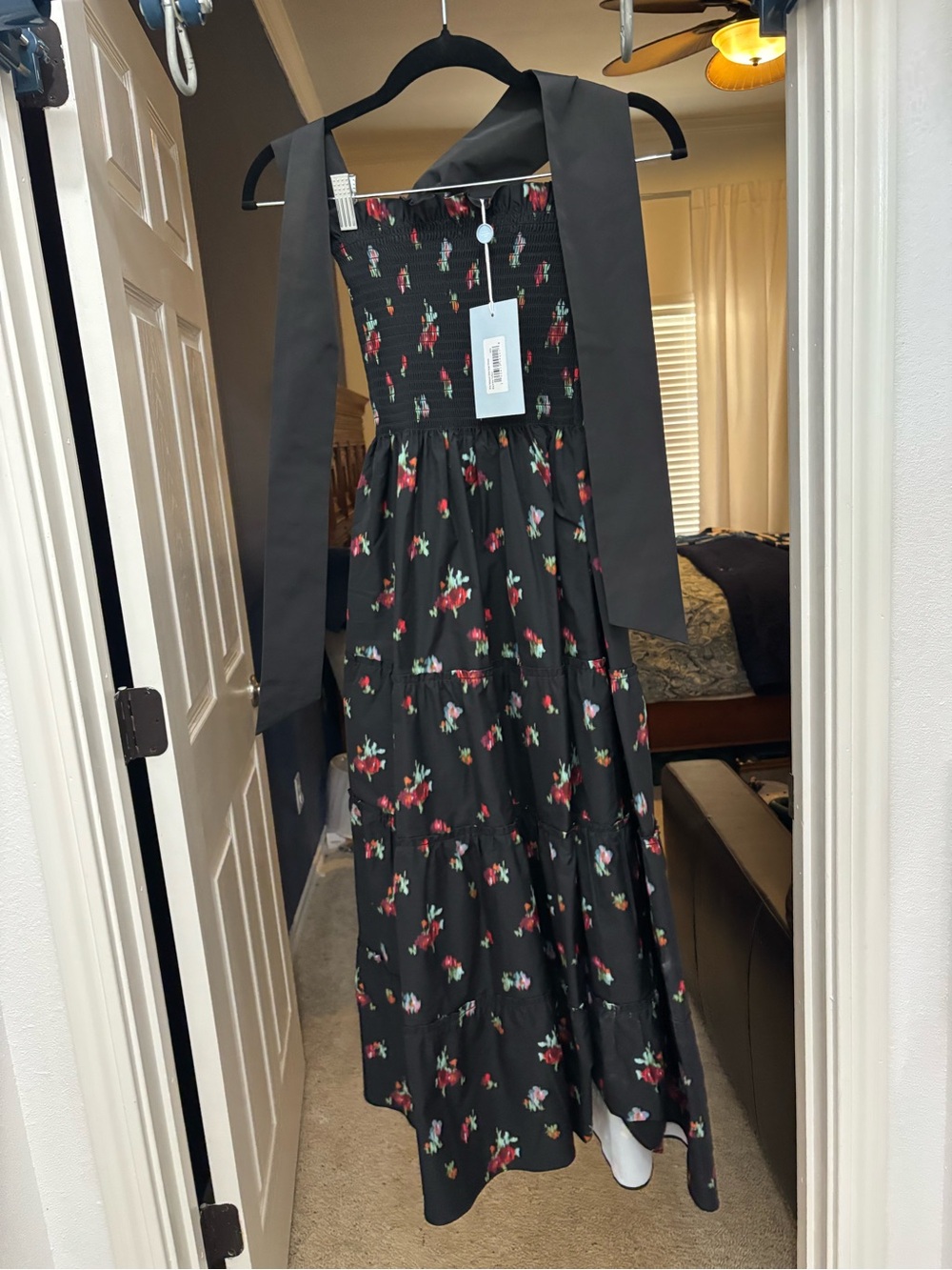 Hill House Black Midi Dress with Red and Green Floral Print